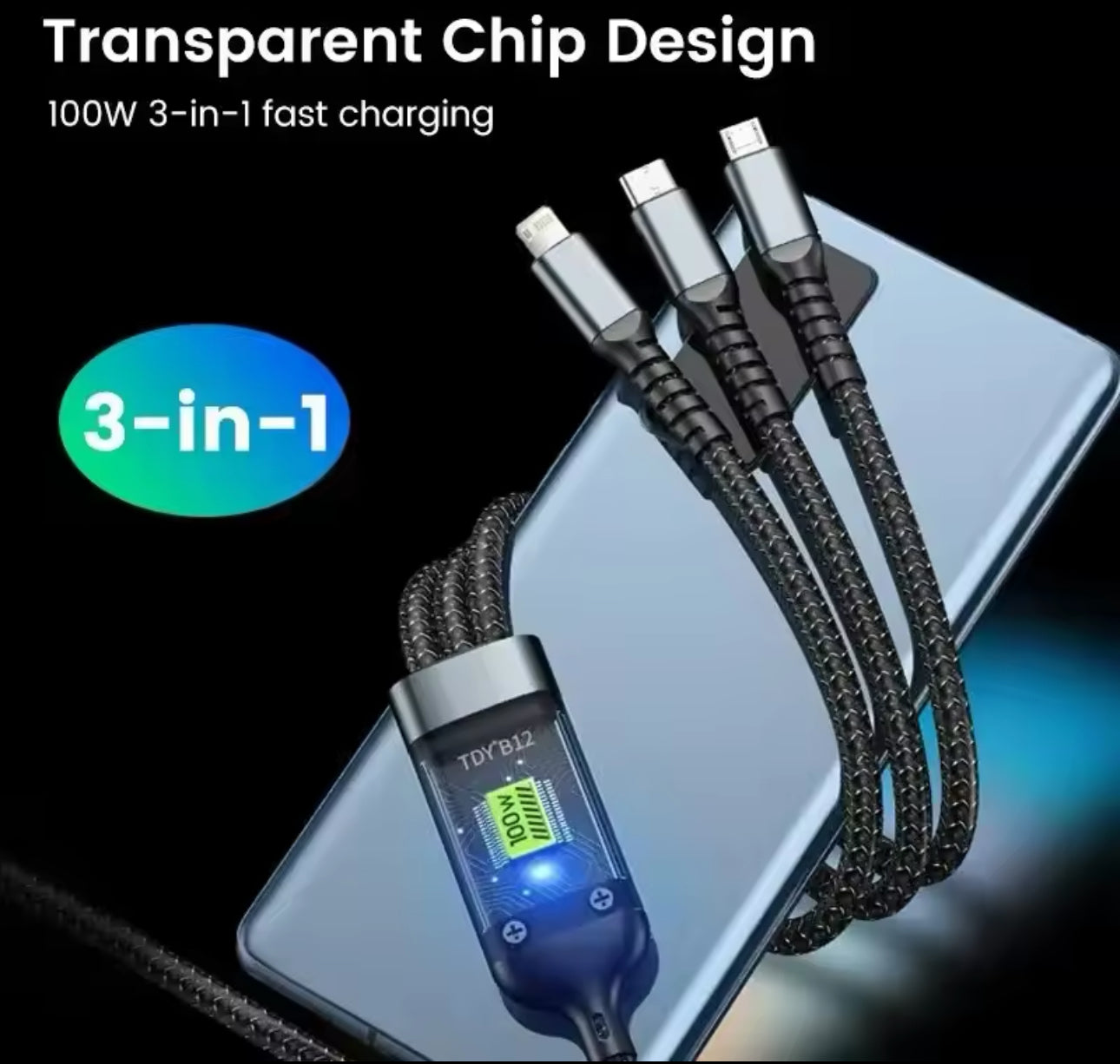 Luminous Data Cable 3 In1 Mobile Phone Charging Cable 100W